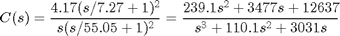 $$ C(s) = \frac{4.17(s/7.27+1)^2}{s(s/55.05+1)^2} = \frac{239.1s^2 + 3477s + 12637}{s^3+110.1s^2+3031s}$$